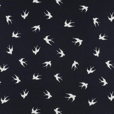Alton - Navy Swallows Stretch Scuba Crepe Fabric Main Image from Patternsandplains.com