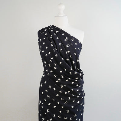 Alton - Navy Swallows Stretch Scuba Crepe Fabric Mannequin Wide Image from Patternsandplains.com