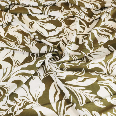 Capri - Dark Moss Green Foliage Viscose Woven Fabric Detail Swirl Image from Patternsandplains.com