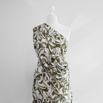 Capri - Dark Moss Green Foliage Viscose Woven Fabric Mannequin Wide Image from Patternsandplains.com