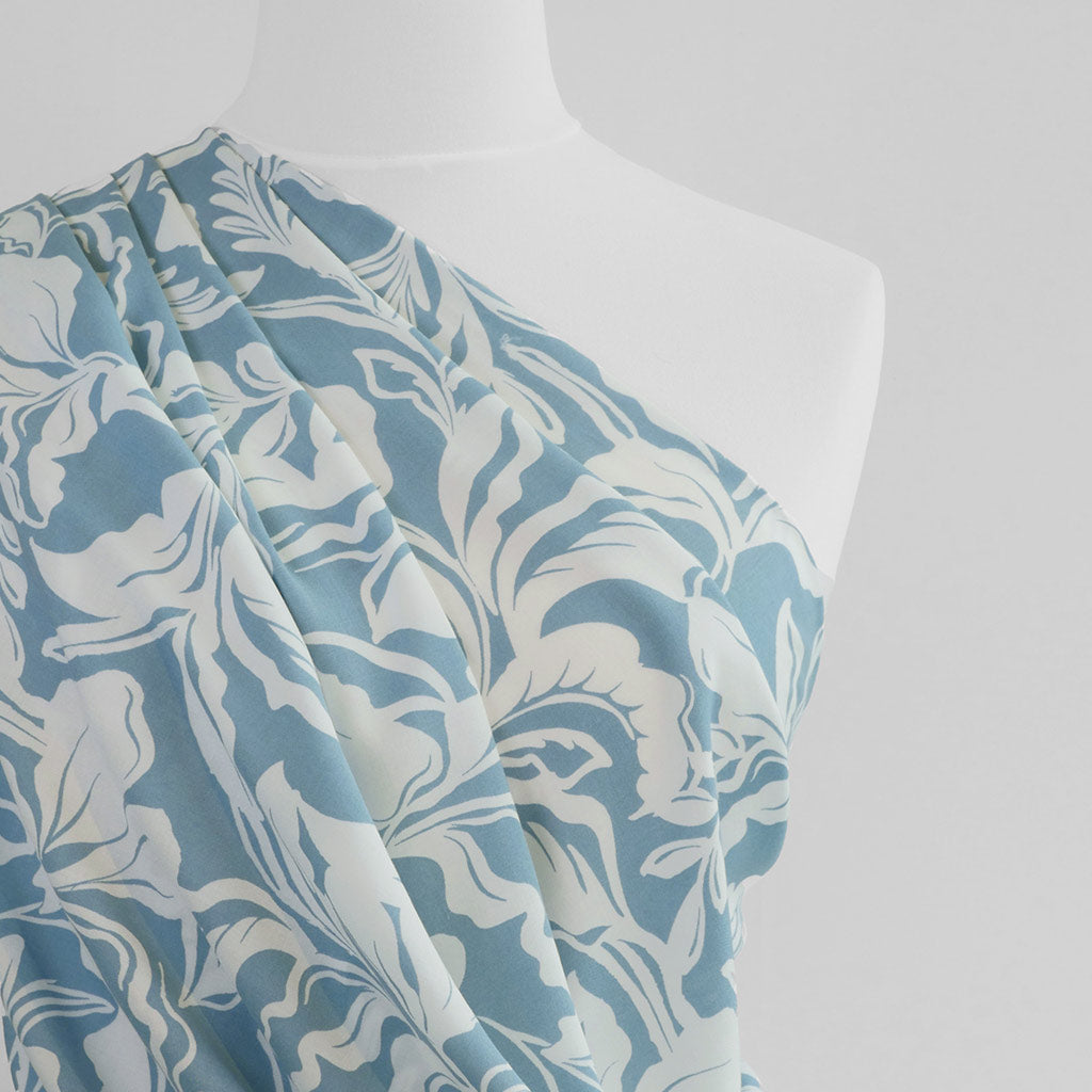 Capri - Stone Blue Foliage Viscose Woven Fabric