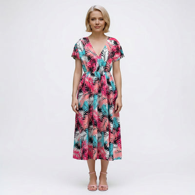 Fernando - Salmon and Aqua Fronds Viscose Challis Woven Fabric from John Kaldor Sample