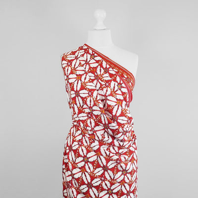 Nassau - Red Geometric Border Viscose Slub Woven Fabric Mannequin Wide Image from Patternsandplains.com