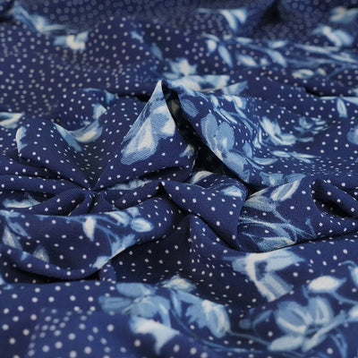 Niva - Blues Flowers and Dots Bubble Crepe Woven Fabric Feature Image from Patternsandplains.com