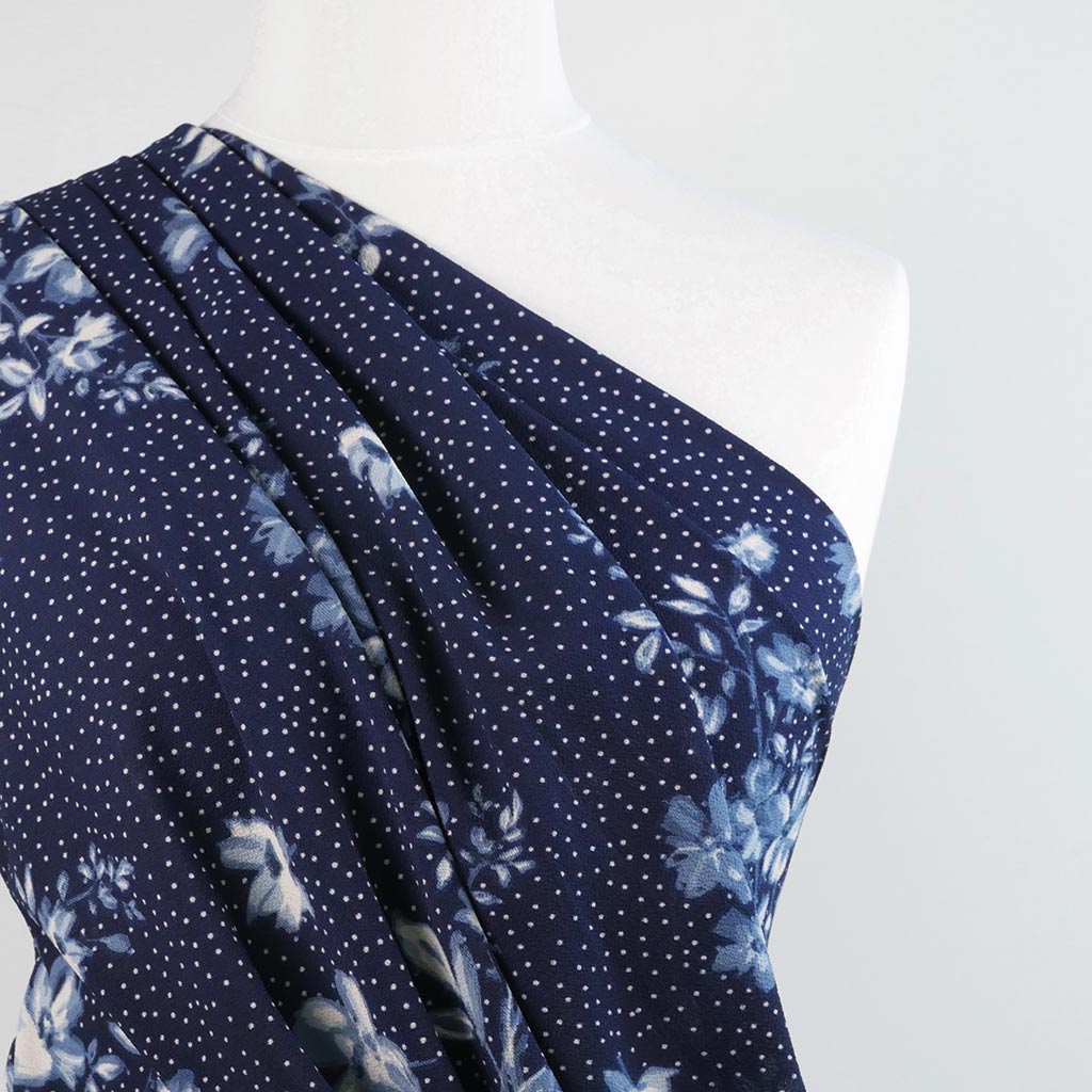 Niva - Blues Flowers and Dots Bubble Crepe Woven Fabric