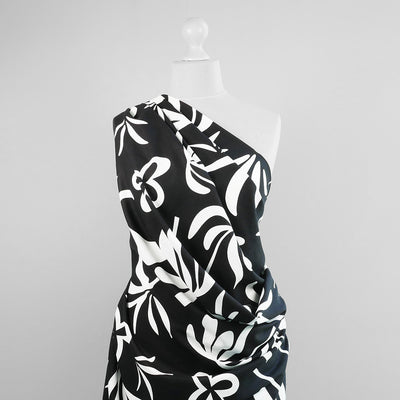 Palermo - Black Graphic Floral Viscose Linen Woven Fabric