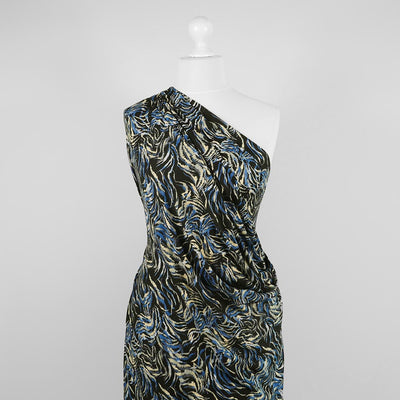 Seville - Blue and Gold Feather Viscose Elastane Single Jersey Fabric - 2.10m Remnant