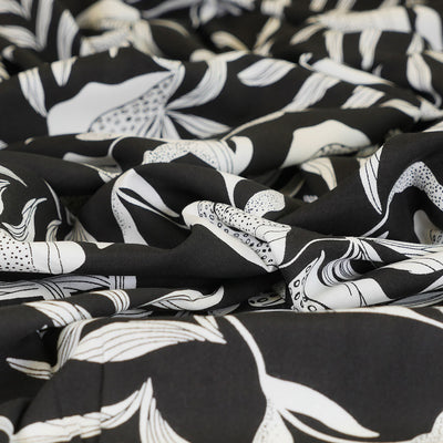 Sierra - Black Leaves Viscose Poplin Woven Fabric Feature Image from Patternsandplains.com