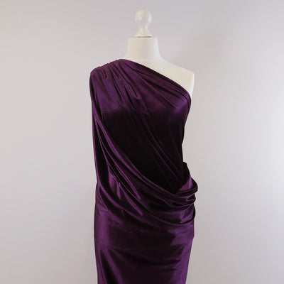 Carlotta Purple Stretch Panne Velvet Jersey Fabric from John Kaldor Mannequin Wide Image from Patternsandplains.com