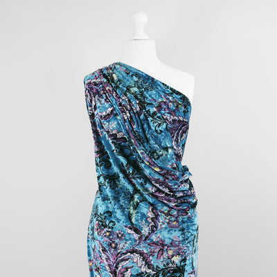 Chelsea - Turquoise Scrolling Leaves Velour Jersey Fabric Mannequin Wide Image from Patternsandplains.com