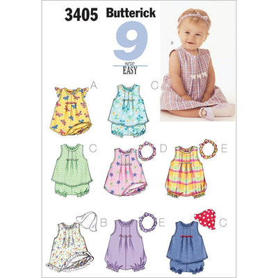 Butterick Pattern B3405 Infants Dress Top Romper Panties Hat and Headband 3405 Image 1 From Patternsandplains.com