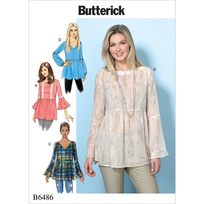 Butterick Pattern B6486 Misses Loose Fitting Gathered Waist Pullover Tops with Bell Sleeves 6486 Image 1 From Patternsandplains.com