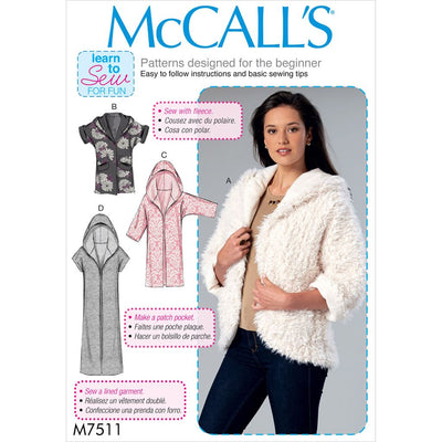 McCall's Pattern M7511 Misses Open Front Jackets with Shawl Collar and Hood 7511 Image 1 From Patternsandplains.com
