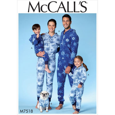 McCall's Pattern M7518 Mens Misses Boys Girls Childrens Hooded Jumpsuits and Dog Coat with Kangaroo Pocket 7518 Image 1 From Patternsandplains.com