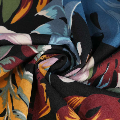 Alton - Multi Lucious Leaves Stretch Scuba Crepe Fabric Detail Swirl Image from Patternsandplains.com