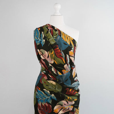 Alton - Multi Lucious Leaves Stretch Scuba Crepe Fabric Mannequin Wide Image from Patternsandplains.com