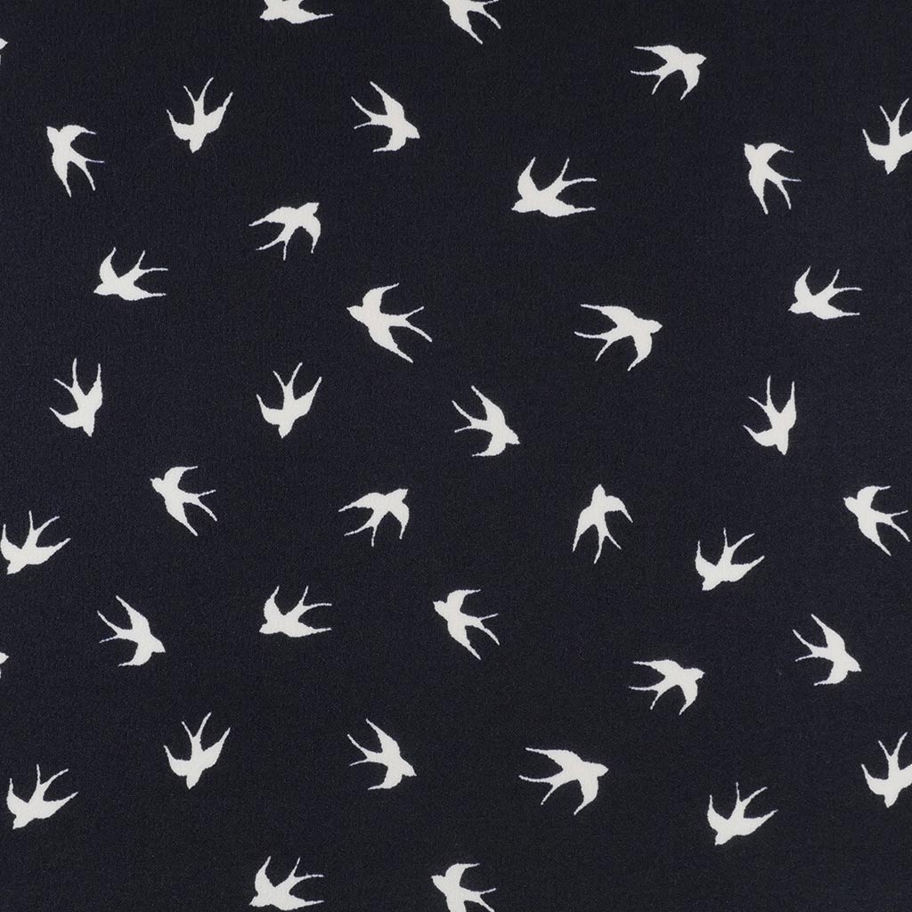 Alton - Navy Swallows Stretch Scuba Crepe Fabric Main Image from Patternsandplains.com