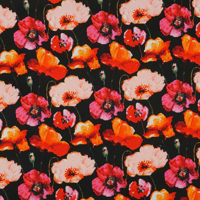 Antibes - Black Poppies Cotton Elastane Stretch Sateen Woven Fabric Main Image from Patternsandplains.com