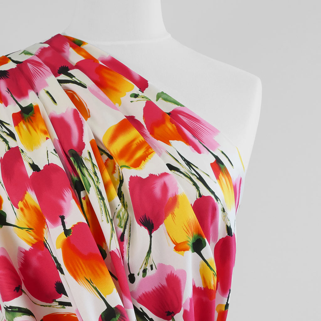 Antibes - Pink Tulips Cotton Elastane Stretch Sateen Woven Fabric Mannequin Close Up Image from Patternsandplains.com