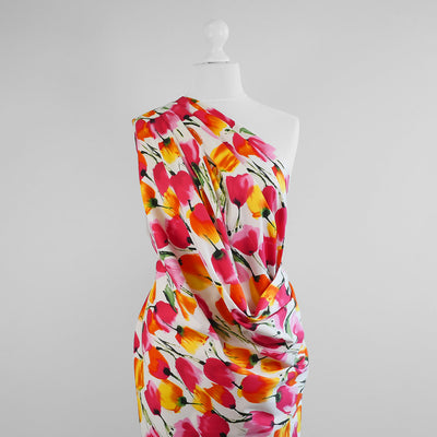 Antibes - Pink Tulips Cotton Elastane Stretch Sateen Woven Fabric Mannequin Wide Image from Patternsandplains.com