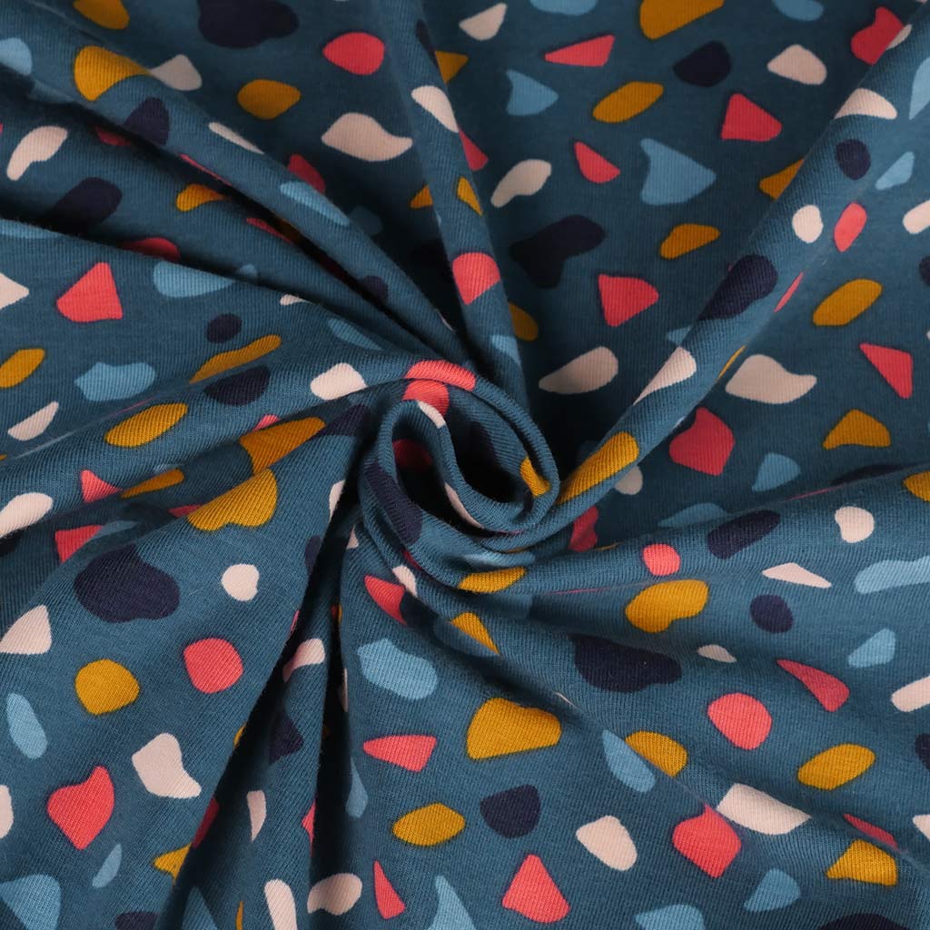 Arizona - Petrol Shapes, Single Jersey Organic Cotton Elastane Fabric Detail Swirl Image from Patternsandplains.com