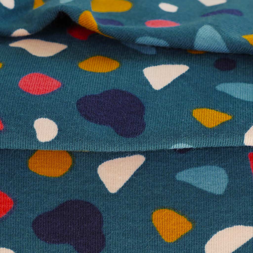Arizona - Petrol Shapes, Single Jersey Organic Cotton Elastane Fabric Feature Image from Patternsandplains.com
