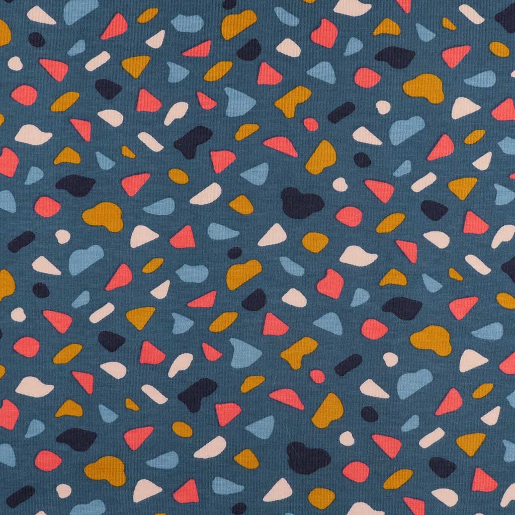 Arizona - Petrol Shapes, Single Jersey Organic Cotton Elastane Fabric Main Image from Patternsandplains.com