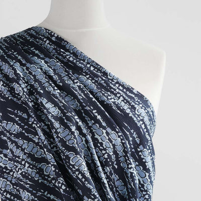 Avignon - Blue Bubbles Viscose Crinkle Woven Fabric Mannequin Close Up Image from Patternsandplains.com