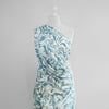 Capri - Stone Blue Foliage Viscose Woven Fabric Mannequin Wide Image from Patternsandplains.com