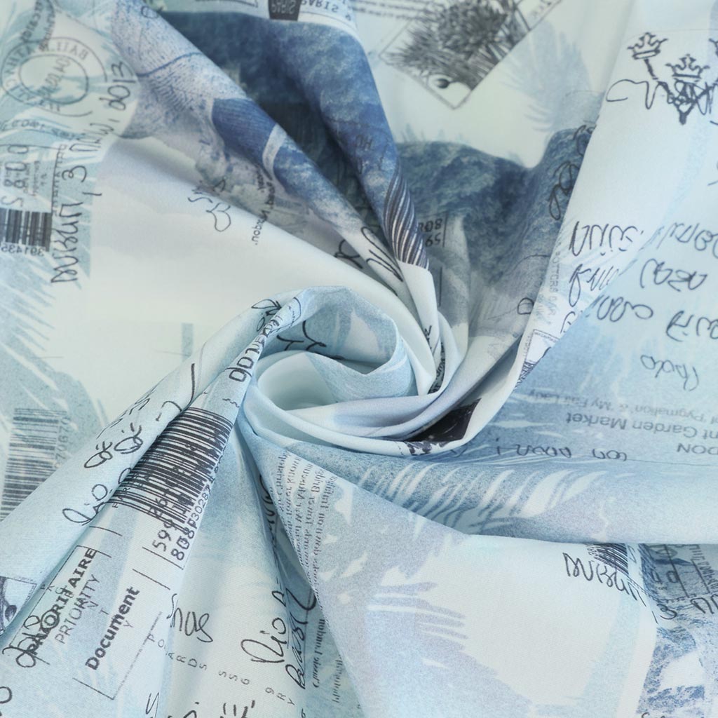 Casablanca - Blue Postcards Cotton Elastane Stretch Woven Fabric Detail Swirl Image from Patternsandplains.com