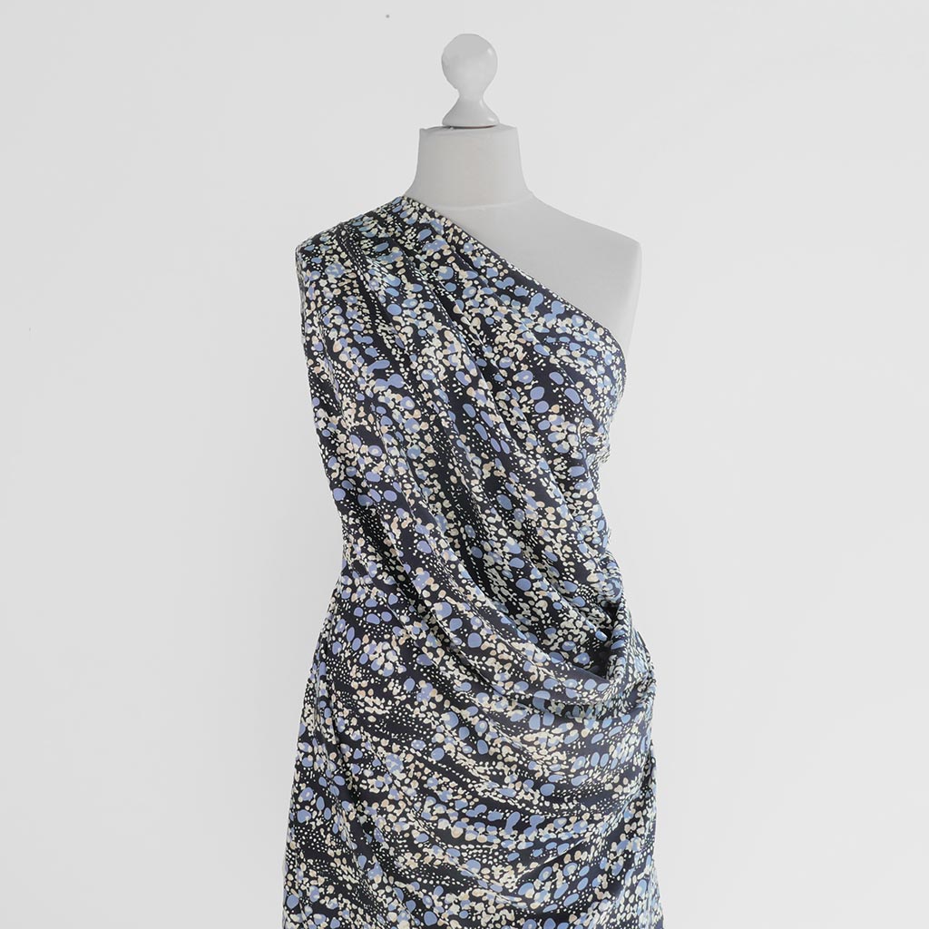 Cassis - Navy Larva Spots Viscose Crepe Woven Fabric Mannequin Wide Image from Patternsandplains.com