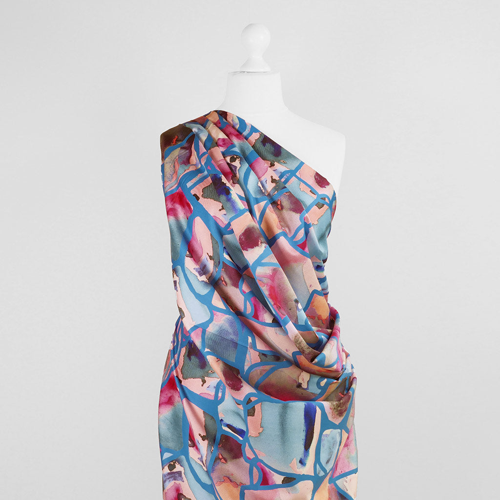 Cotton Satin - Blue Resonate Neon Woven Fabric by Nerida Hansen Mannequin Wide Image from Patternsandplains.com