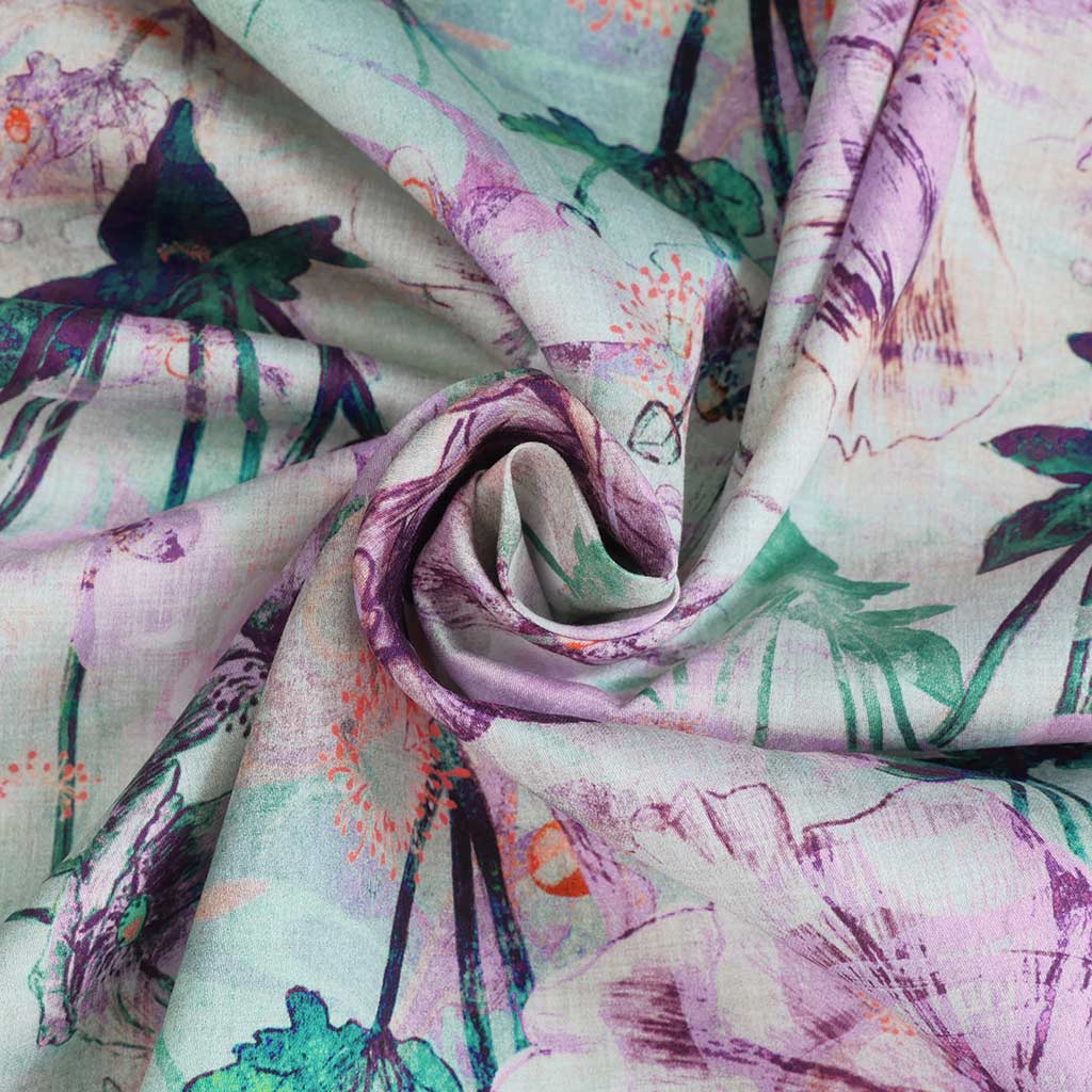 Cotton Satin - Lavender Japanese Anemone Woven Fabric by Nerida Hansen Detail Swirl Image from Patternsandplains.com