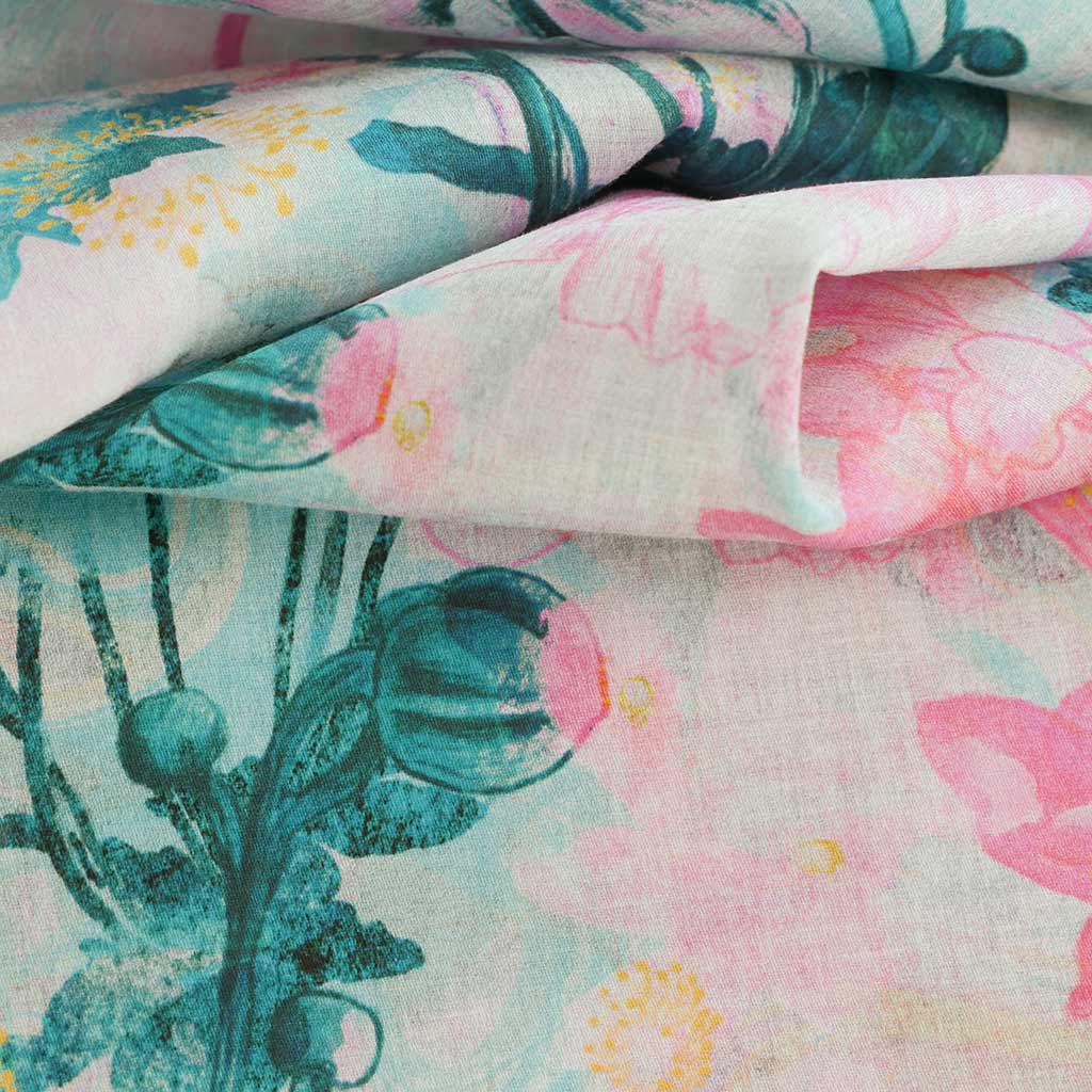 Cotton Satin - Pink & Petrol Japanese Anemone Woven Fabric by Nerida Hansen Feature Image from Patternsandplains.com