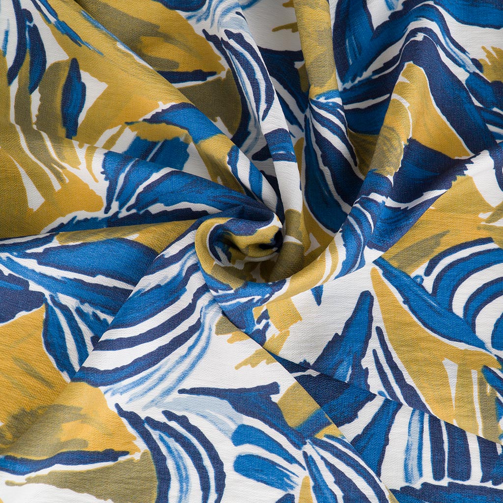Deia - Blue and Khaki Sunset Foliage Air Flow Viscose and Nylon Woven Fabric
