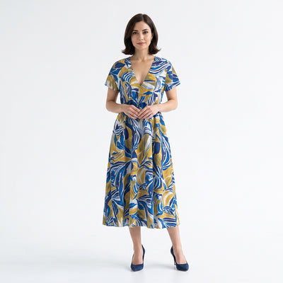 Deia - Blue and Khaki Sunset Foliage Air Flow Viscose and Nylon Woven Fabric