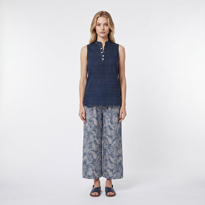 Deia - Navy Ferns Air Flow Viscose and Nylon Woven Fabric