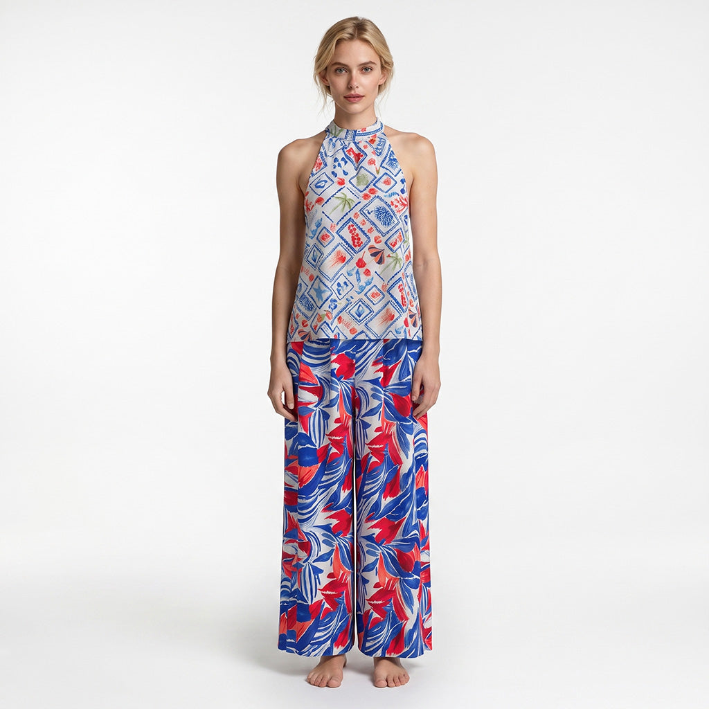 Deia - Red and Blue Sunset Foliage Air Flow Viscose and Nylon Woven Fabric