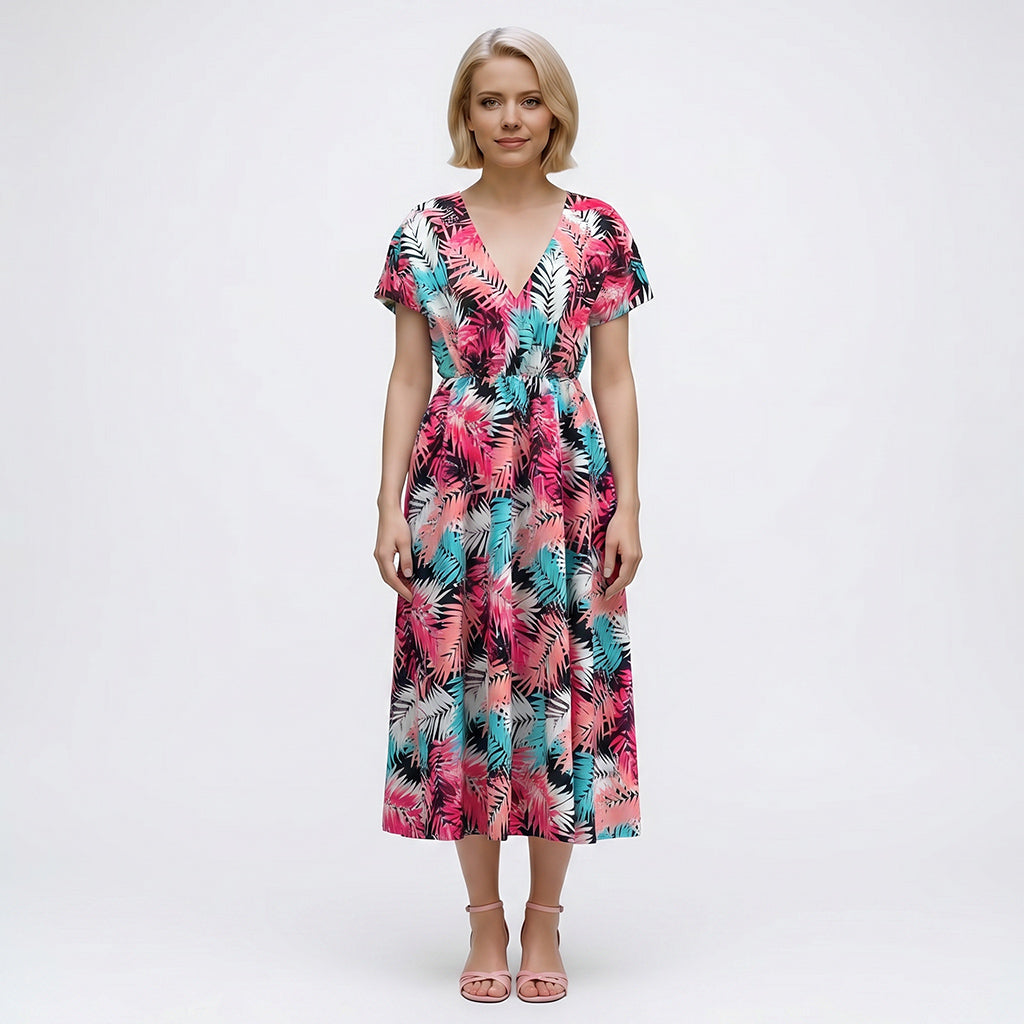 Fernando - Salmon and Aqua Fronds Viscose Challis Woven Fabric from John Kaldor Sample