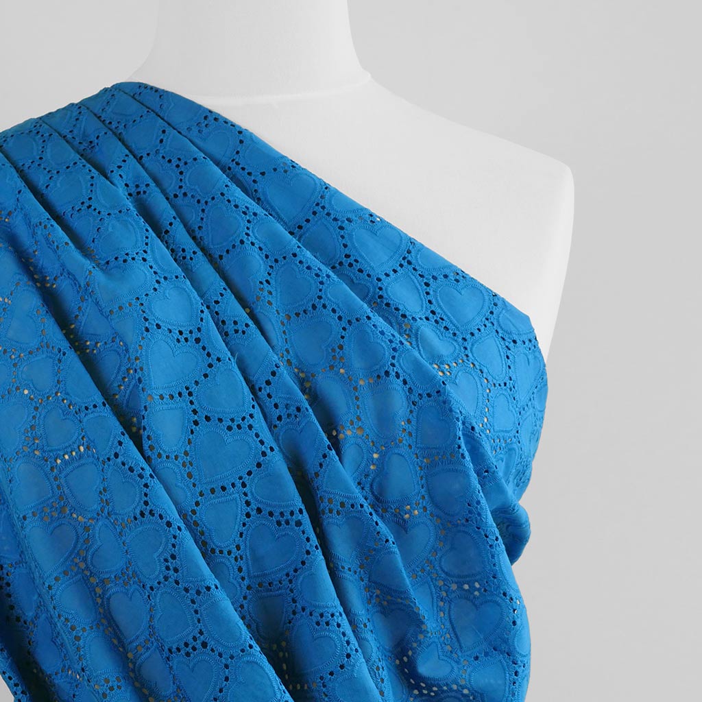 Jodie - Royal Blue Hearts Cotton Broderie Anglaise Woven Fabric - 0.35m Remnant