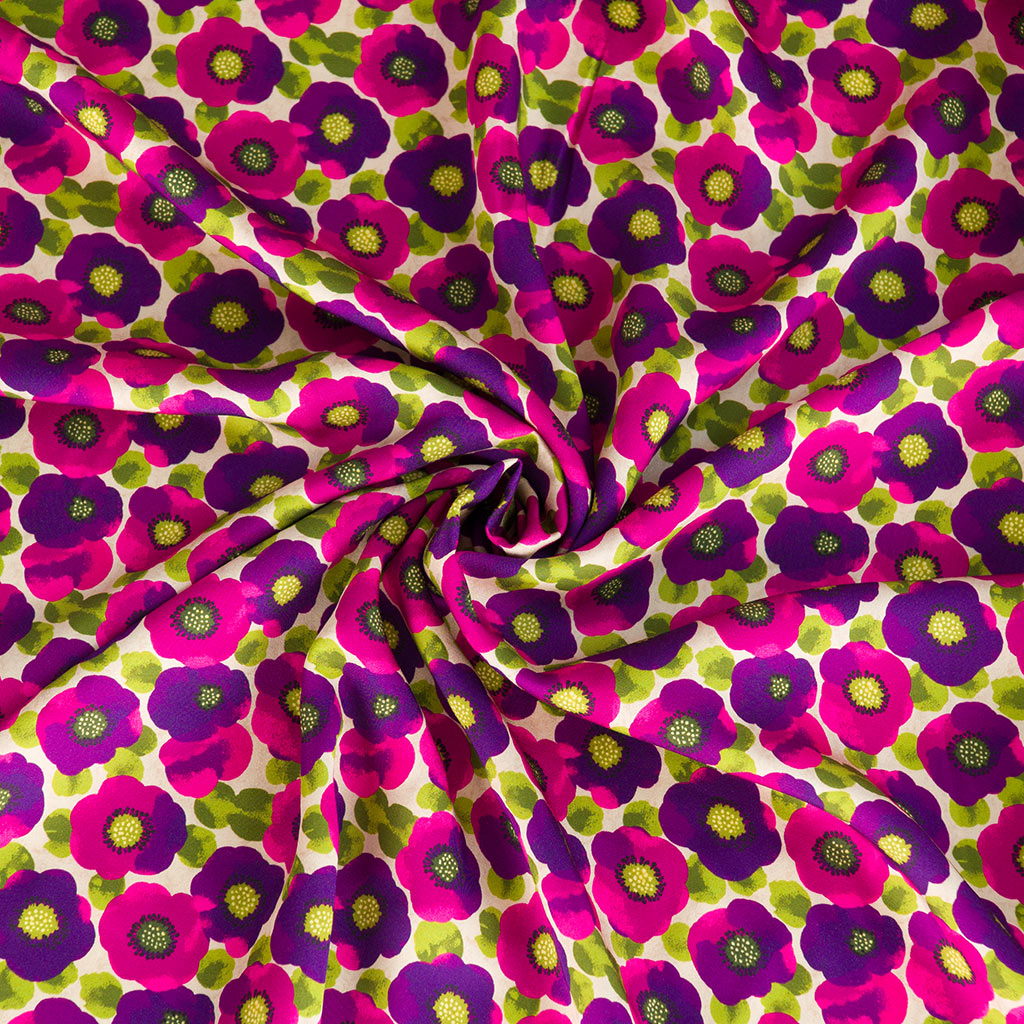 Lecco - Magenta Happy Flowers Viscose Woven Satin Fabric
