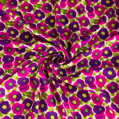 Lecco - Magenta Happy Flowers Viscose Woven Satin Fabric