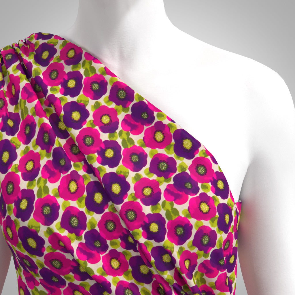 Lecco - Magenta Happy Flowers Viscose Woven Satin Fabric