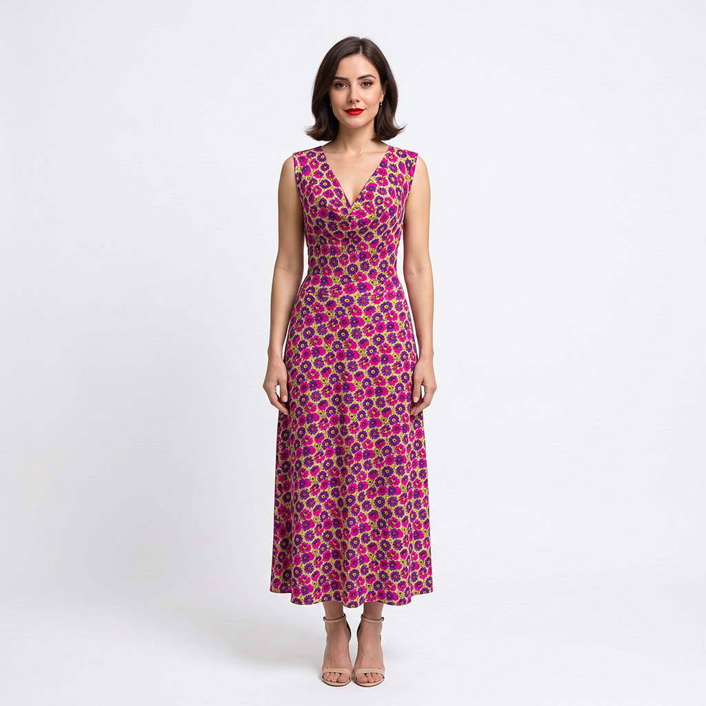 Lecco - Magenta Happy Flowers Viscose Woven Satin Fabric