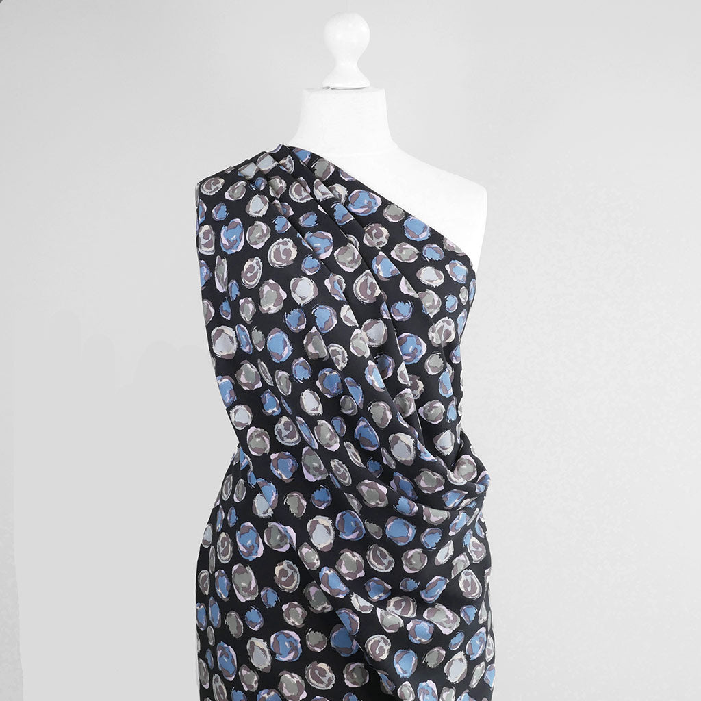 Linz - Blue Planets Viscose Woven Twill Fabric Mannequin Wide Image from Patternsandplains.com