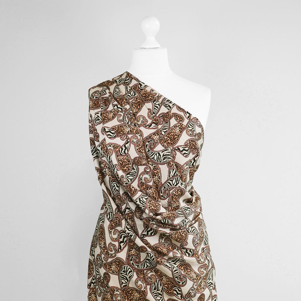 Linz - Cream Wild Paisley Viscose Woven Twill Fabric Mannequin Wide Image from Patternsandplains.com