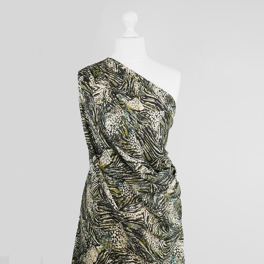 Linz - Green Wild Forest Viscose Woven Twill Fabric Mannequin Wide Image from Patternsandplains.com