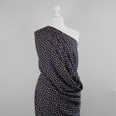 Linz - Navy Venn Dots Viscose Woven Twill Mannequin Wide Image from Patternsandplains.com