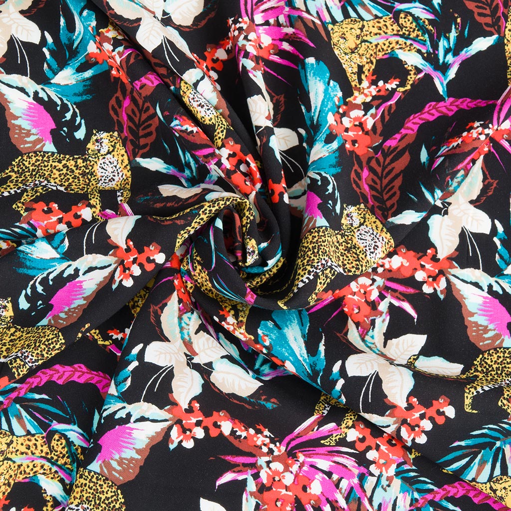 Lyon - Black Leopard Viscose Woven Challis Fabric Sample