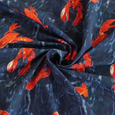 Malibu - Navy Lobsters Cotton Elastane Single Jersey Fabric Detail Swirl Image from Patternsandplains.com